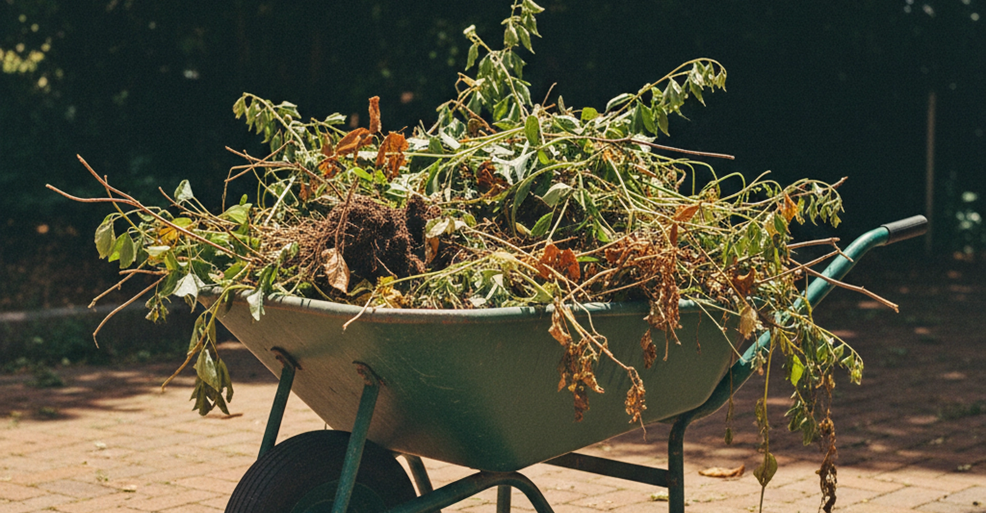 Wheelbarrow full of garden waste including branches and dead plants, ready for removal