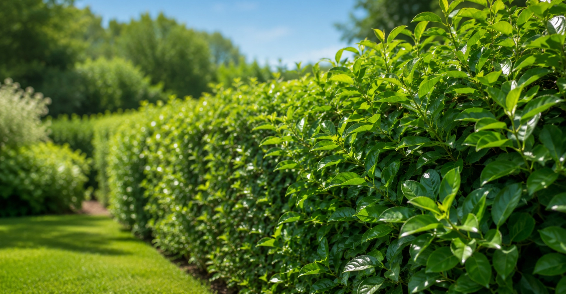 Neatly trimmed green hedge lining a garden lawn