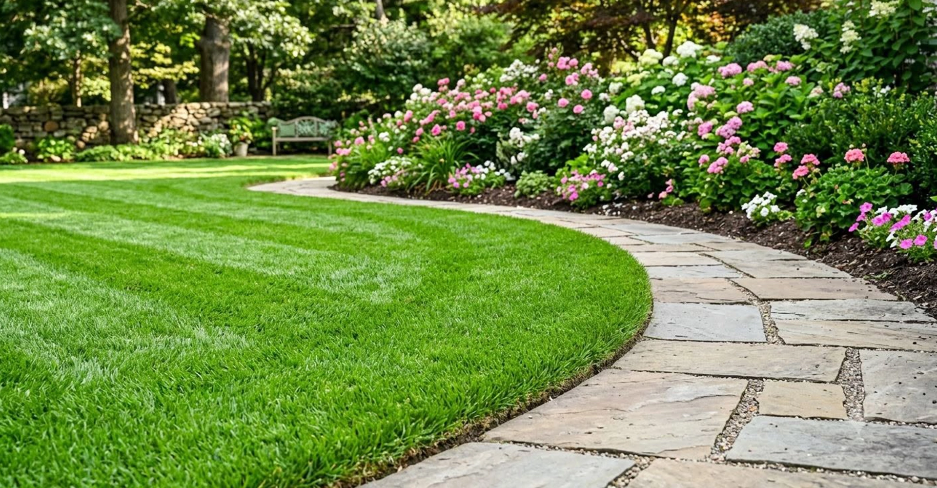 Freshly mown striped lawn beside a stone path and flower beds