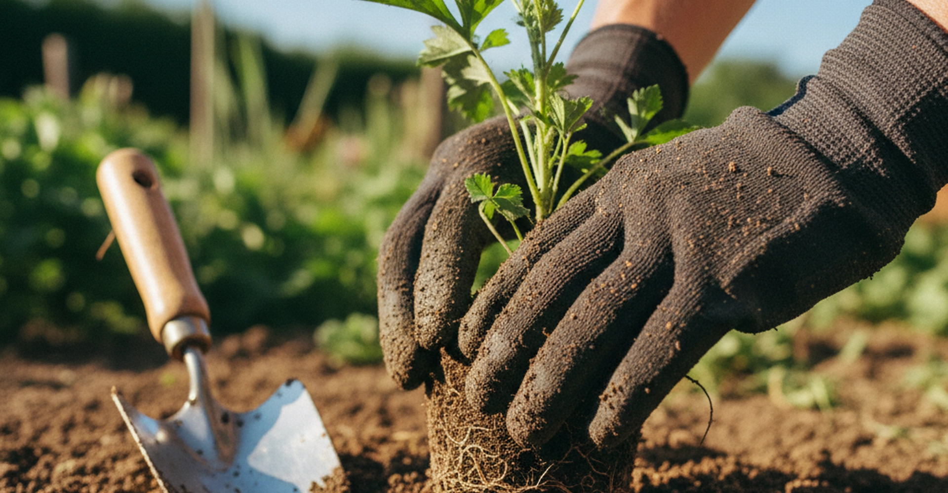 Gardener in gloves planting a seedling in fresh soil with trowel nearby