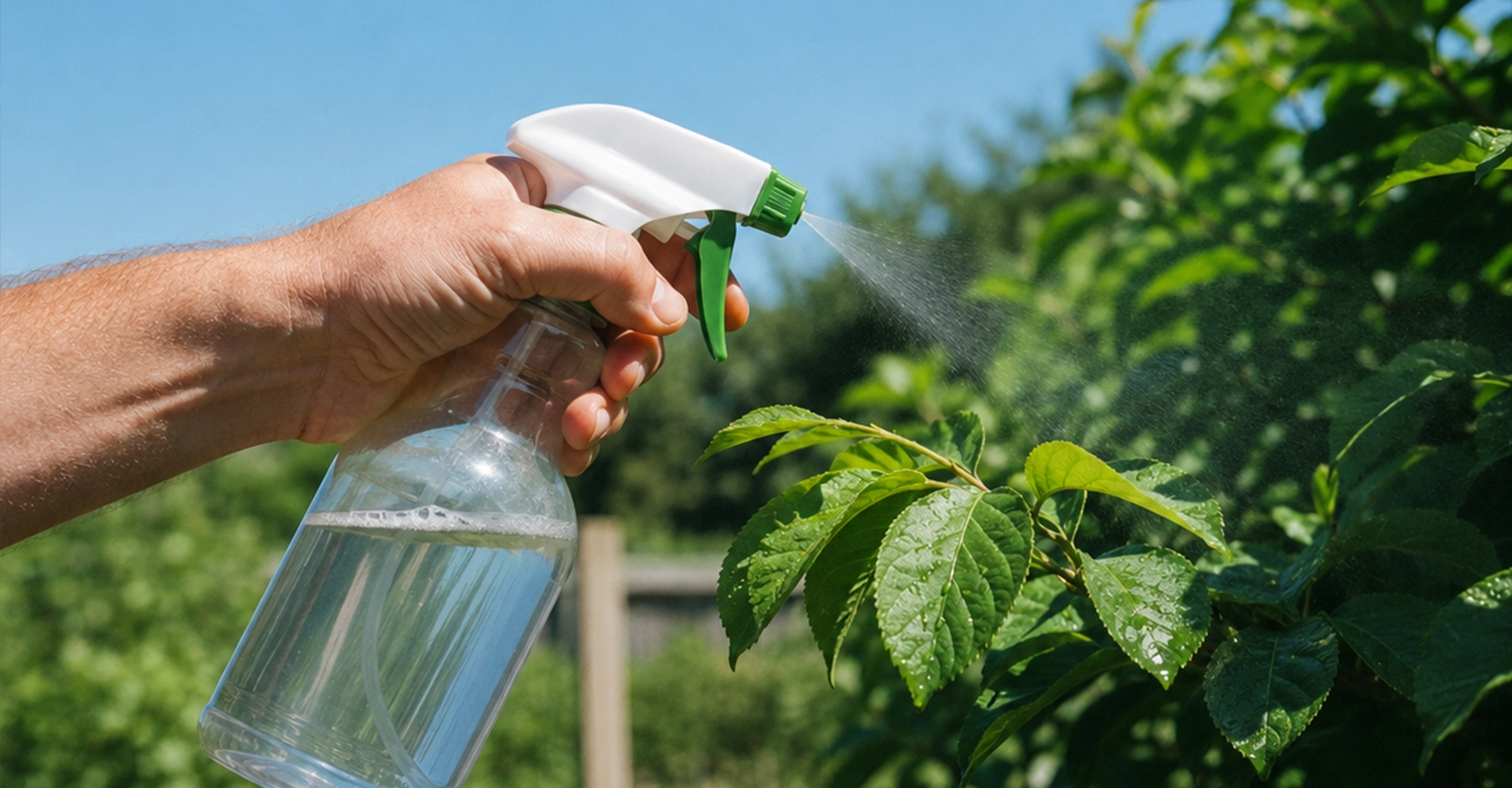 Hand spraying a treatment solution onto green plant leaves for pest control